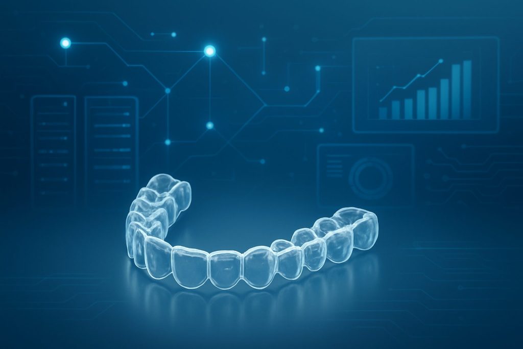 A clear aligner tray displayed against a digital background, symbolizing technological advancements in orthodontics.