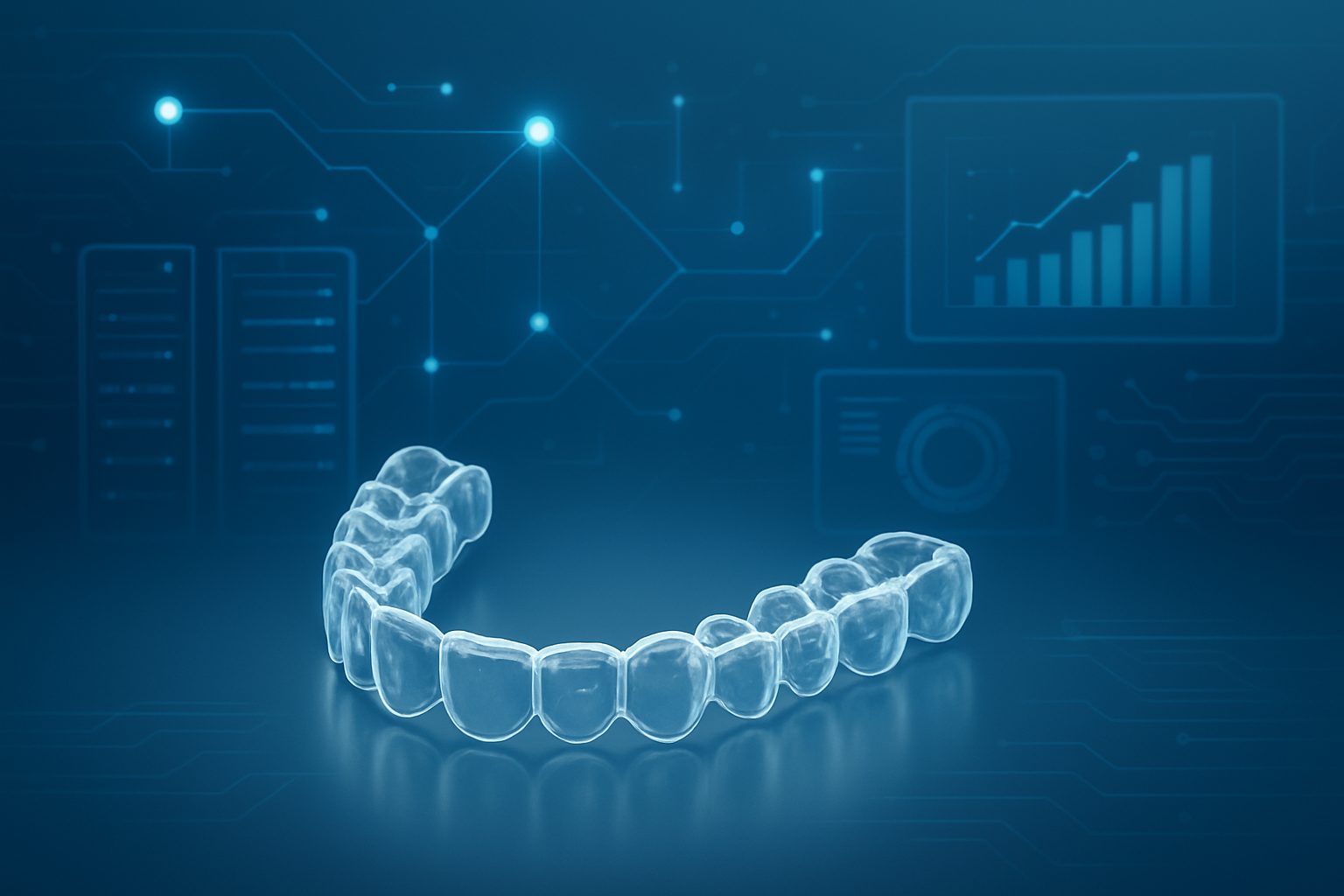 A clear aligner tray displayed against a digital background, symbolizing technological advancements in orthodontics.