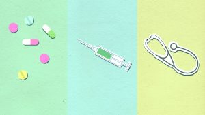 Top view of decorative cardboard appliques representing assorted medications near syringe with vaccine and stethoscope — Tips