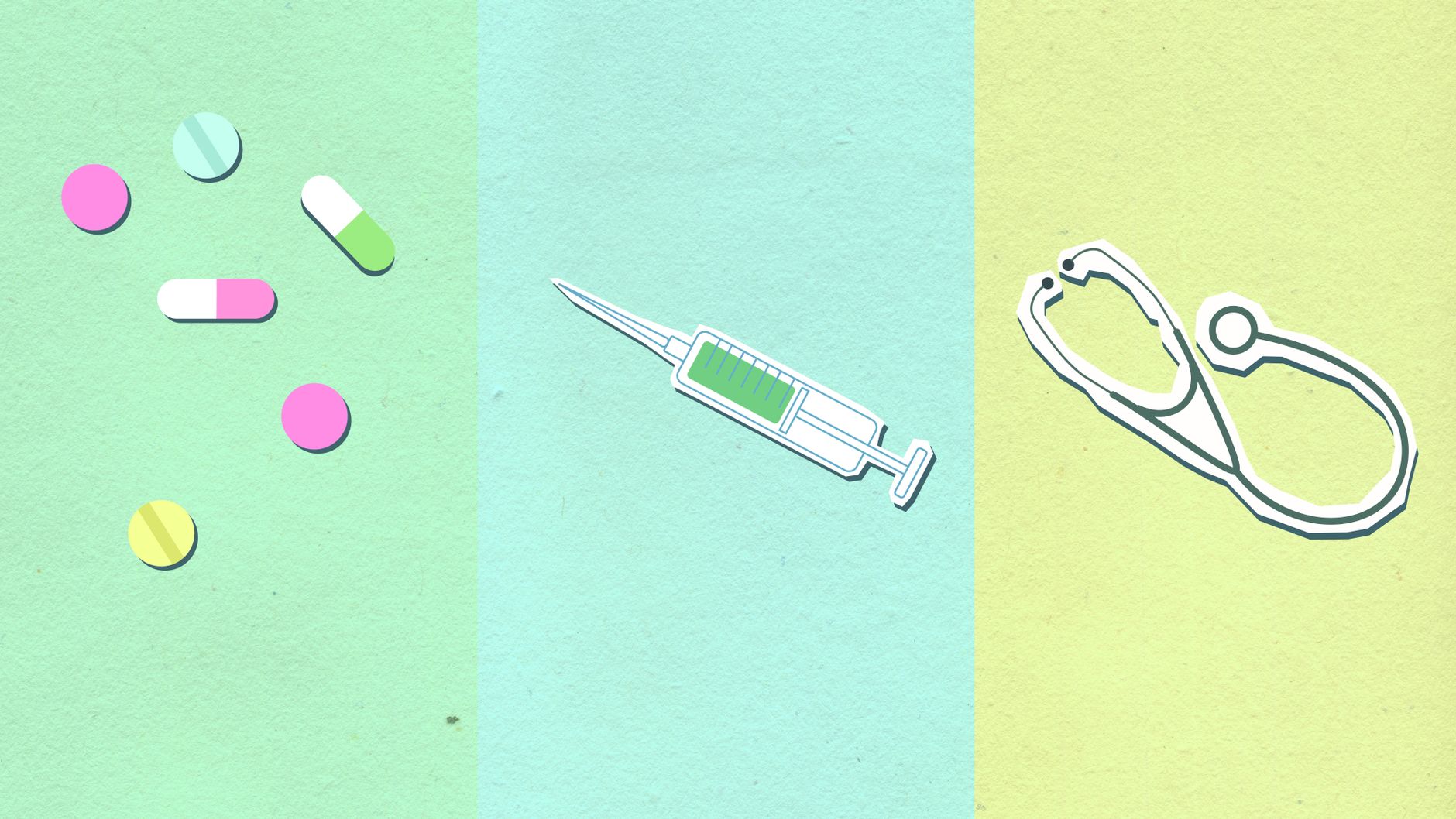 Top view of decorative cardboard appliques representing assorted medications near syringe with vaccine and stethoscope — Tips