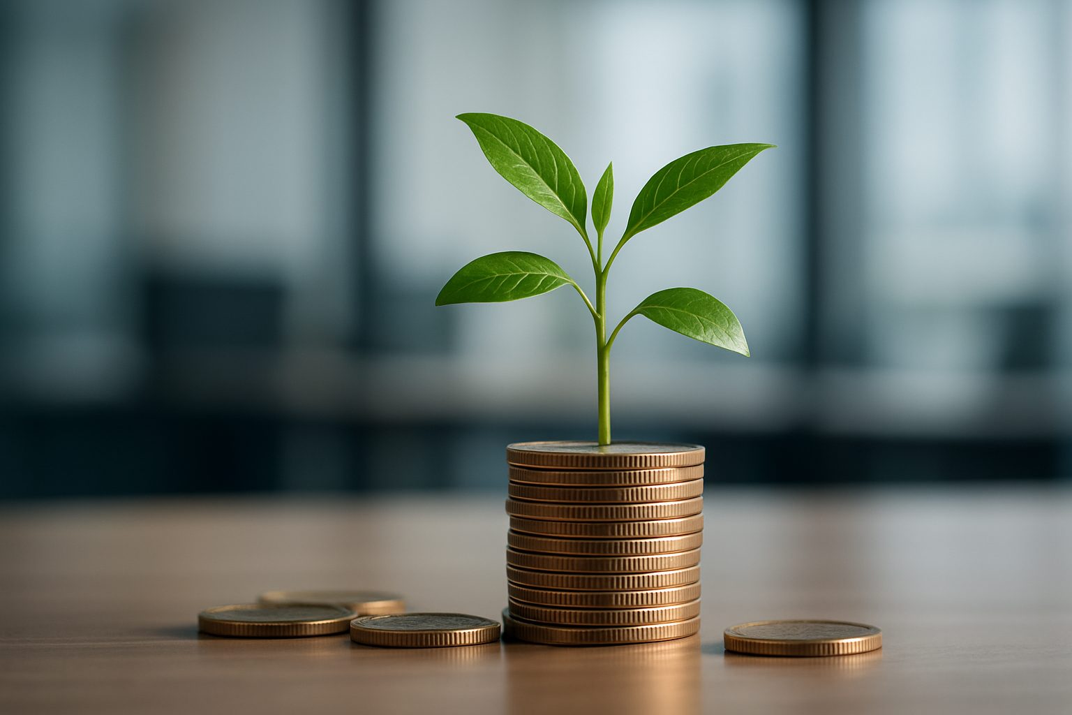 A small green plant growing from a stack of coins, symbolizing growth and investment.
