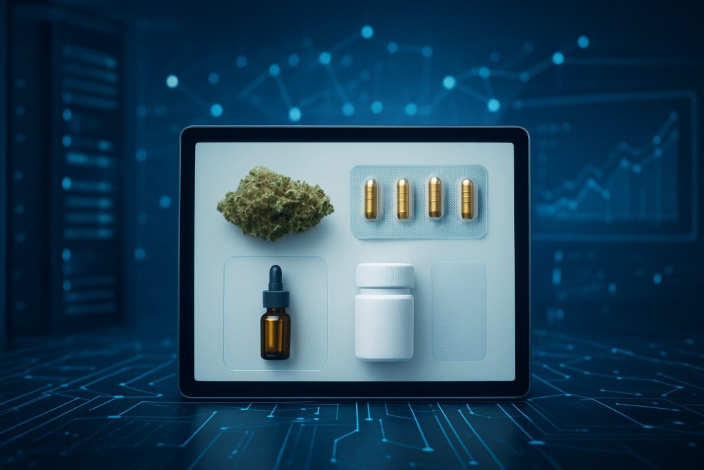 A close-up view of cannabis products displayed on a tablet, including flower, capsules, and oil against a tech-themed ba