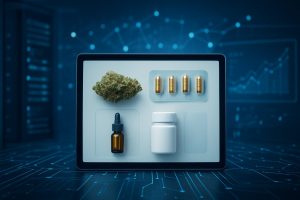 A close-up view of cannabis products displayed on a tablet, including flower, capsules, and oil against a tech-themed ba