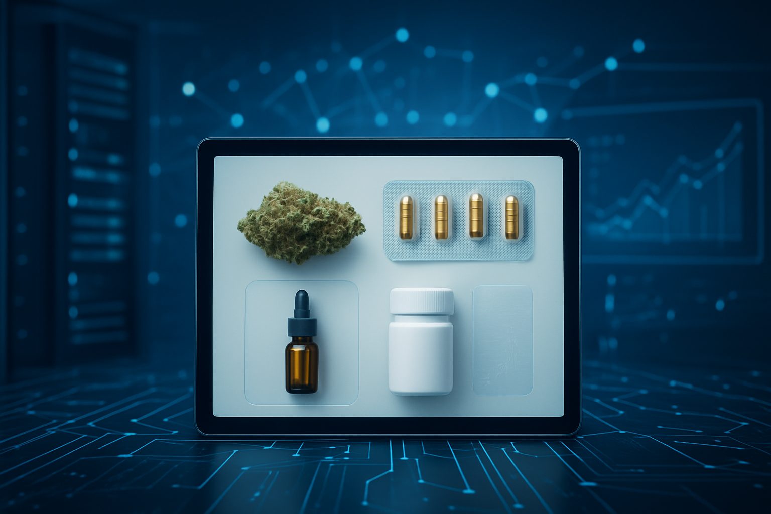 A close-up view of cannabis products displayed on a tablet, including flower, capsules, and oil against a tech-themed ba